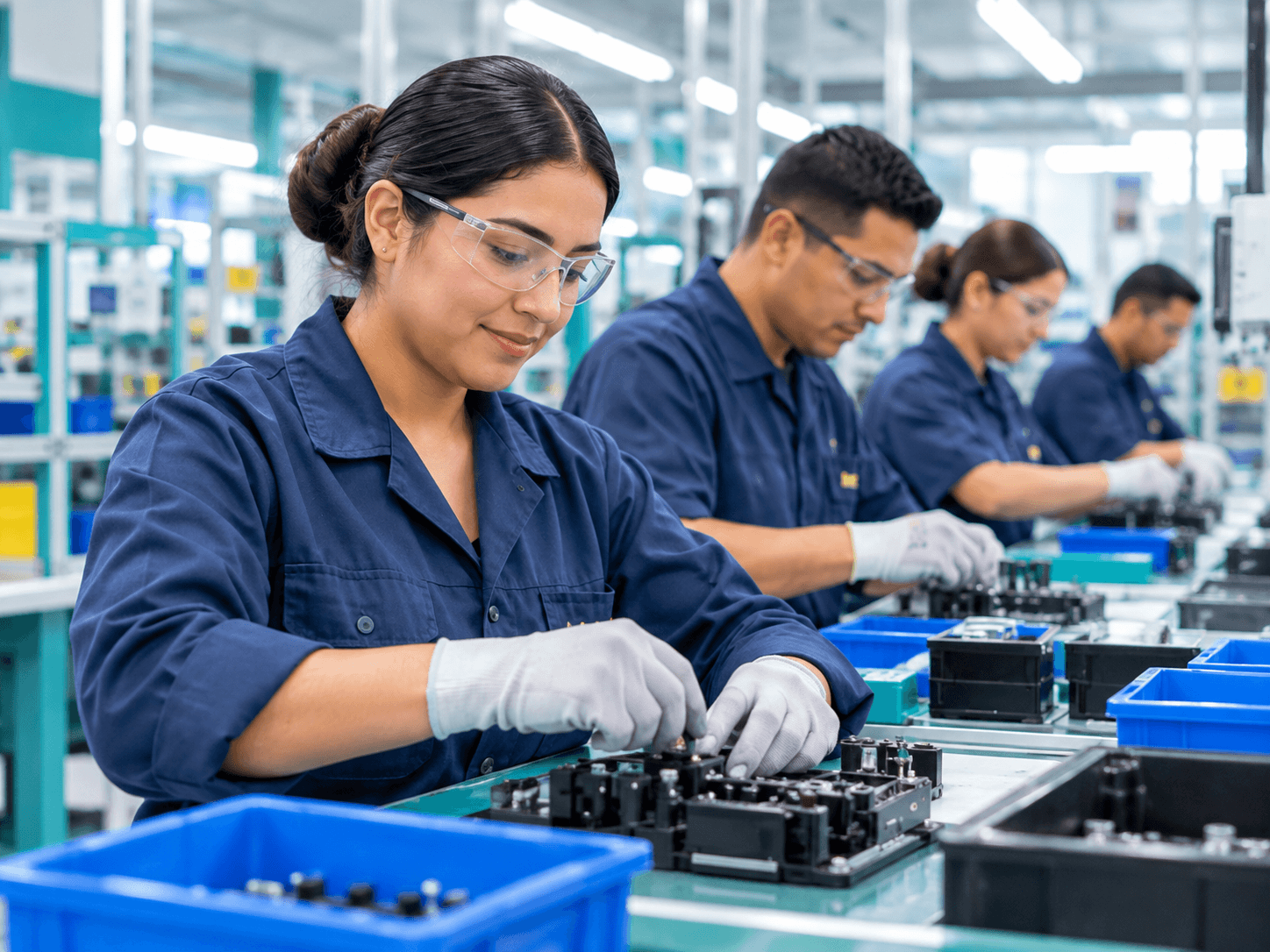 Trabajadoras y trabajadores mexicanos en una planta de manufactura moderna